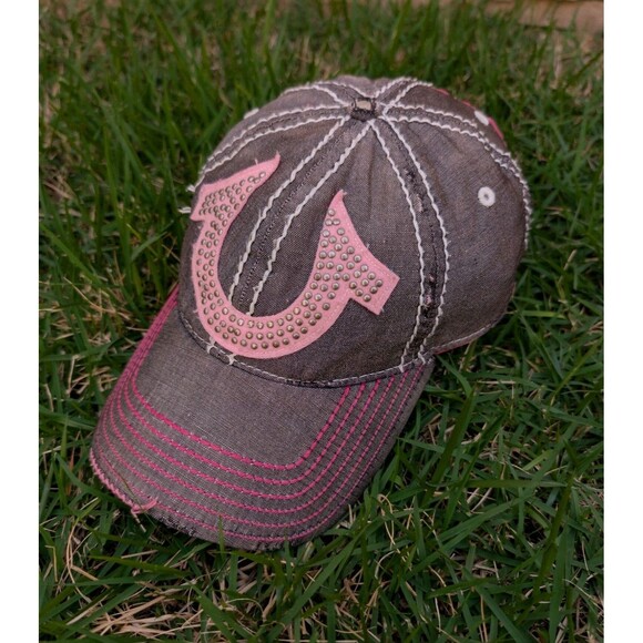 True Religion Distressed Hat Cap Linen Adjustable Pink Horseshoe Embroidered